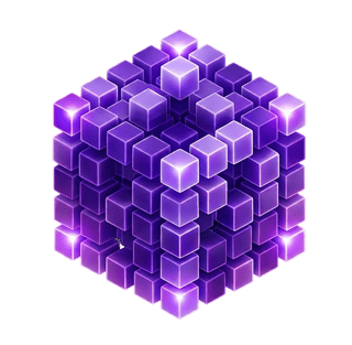 Isometric 3D cube built from glowing purple voxel cubes on a dark background