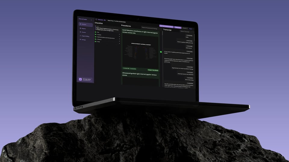 Laptop running the docuCODER live procedure session on a dark rocky backdrop