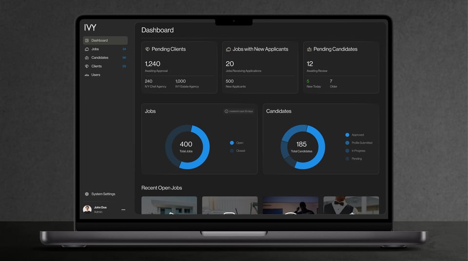IVY admin dashboard in dark theme on a MacBook against a dark backdrop