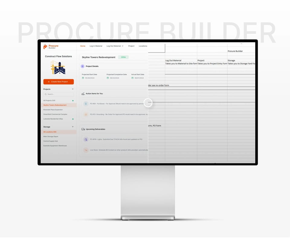 Procure Builder showcase band with watermark wordmark and monitor comparing app against spreadsheet