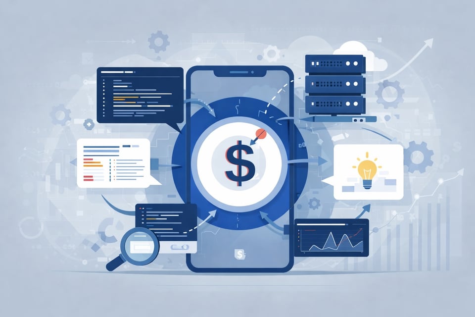 Conceptual illustration showing ongoing mobile app maintenance costs including code updates, server hosting, feature enhancements, and performance analytics.