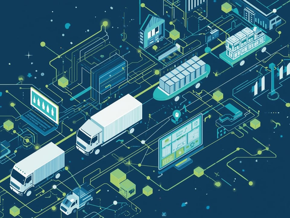 Digital supply chain management software illustration showing logistics trucks, warehouse operations, inventory tracking dashboard, and real-time data network connections