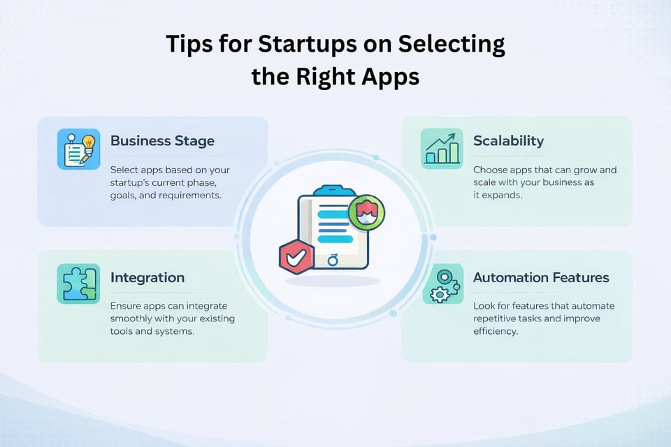 Advice for startups on choosing the right apps: Business Stage, Integration, Scalability, and Automation Features infographic