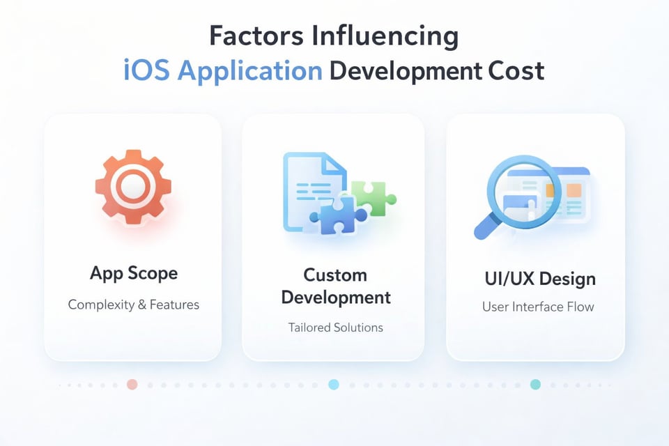 Infographic showing key factors influencing iOS application development cost including app scope, custom development, and UI/UX design.