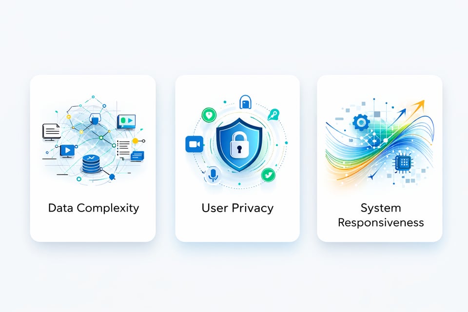 Infographic illustrating three types of multimodal communication: Data Complexity, User Privacy, and System Responsiveness, showcasing modern communication channels like text, voice, visuals, and gestures