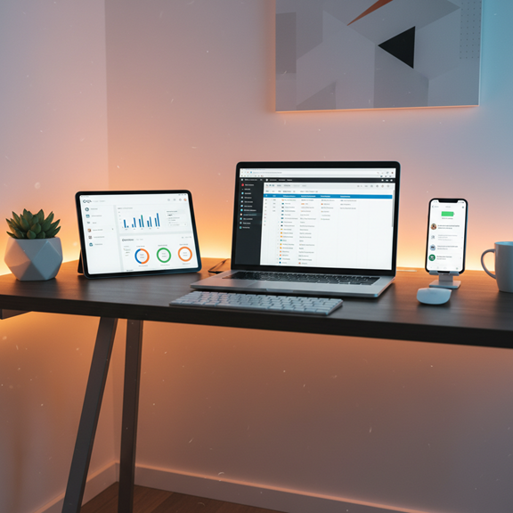 Modern entrepreneur workspace with laptop, tablet analytics dashboard, and smartphone apps used for managing business productivity and digital tools