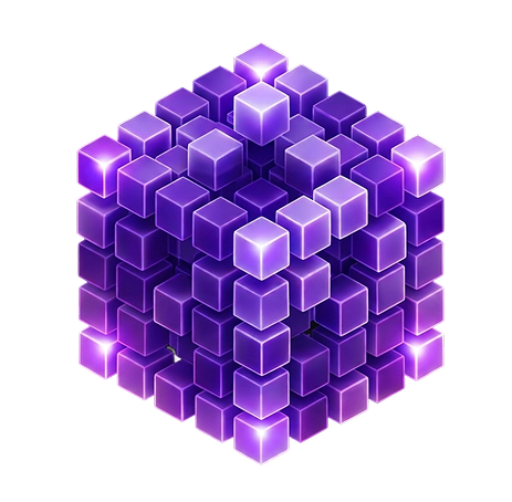 Isometric 3D cube built from glowing purple voxel cubes on a dark background